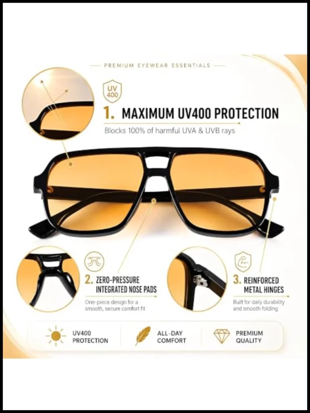 Oversized Aviator Sunglasses Square Frame UV400 Protection Retro 70s